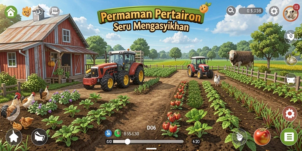 Screenshot D06 menampilkan petani tengah merawat tanaman di ladang yang subur.