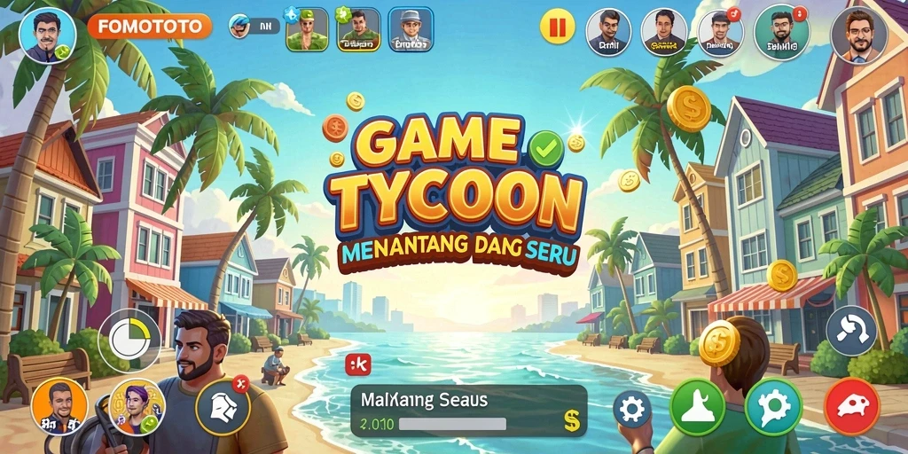 Tampilan gameplay menarik dari FOMOTOTO dengan berbagai pilihan bisnis.