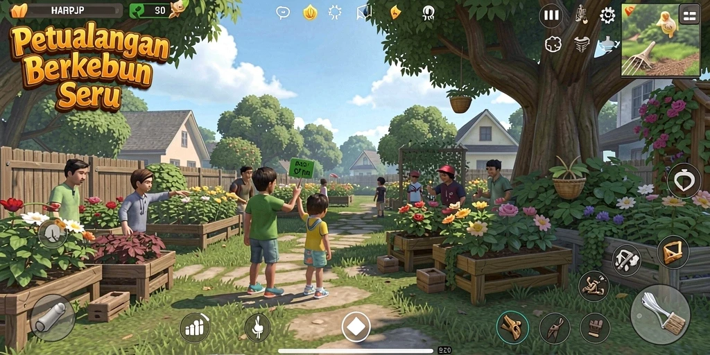 Gameplay seru HARAPJP dengan kebun yang penuh warna.
