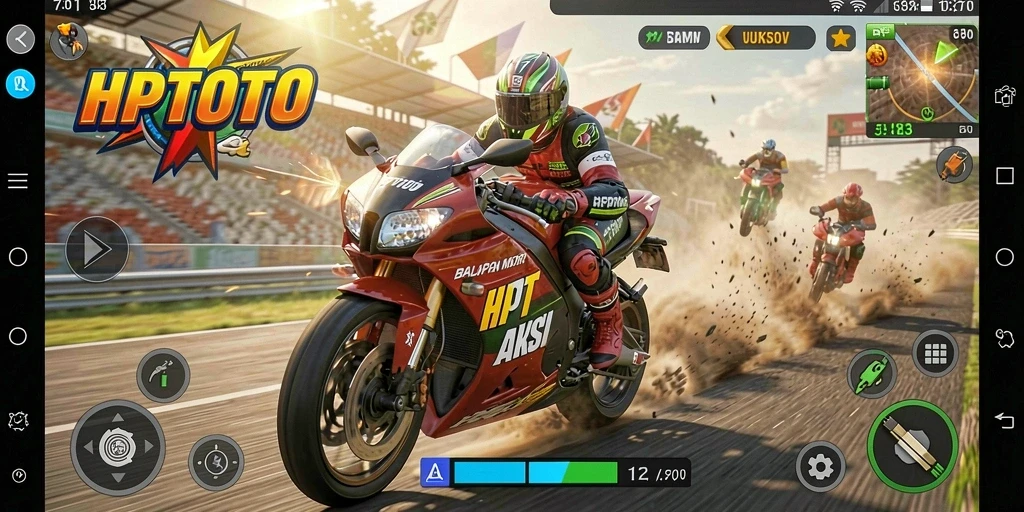 Gameplay HPTOTO menampilkan balapan motor yang mendebarkan.