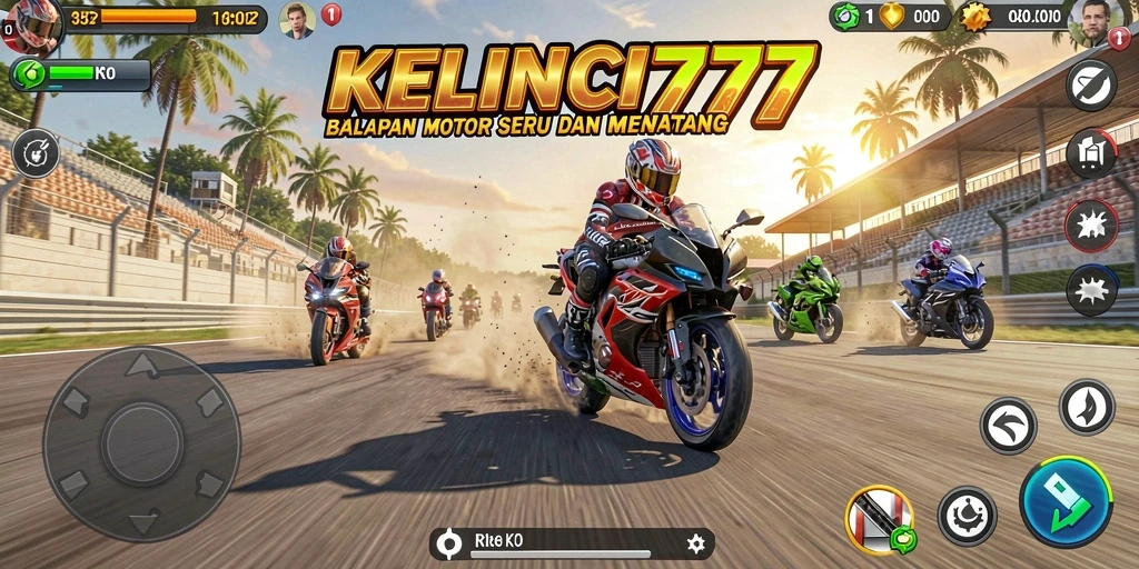 Tangkapan layar gameplay KELINCI777 yang menampilkan aksi balapan motor yang mendebarkan.