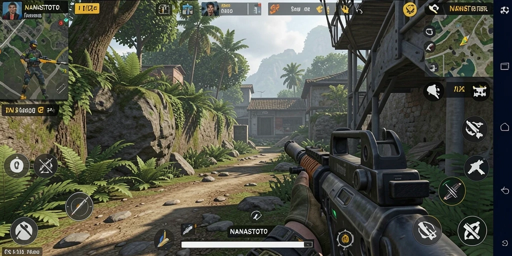 Tampilan gameplay <strong>NANASTOTO</strong> dengan aksi menembak yang intens.