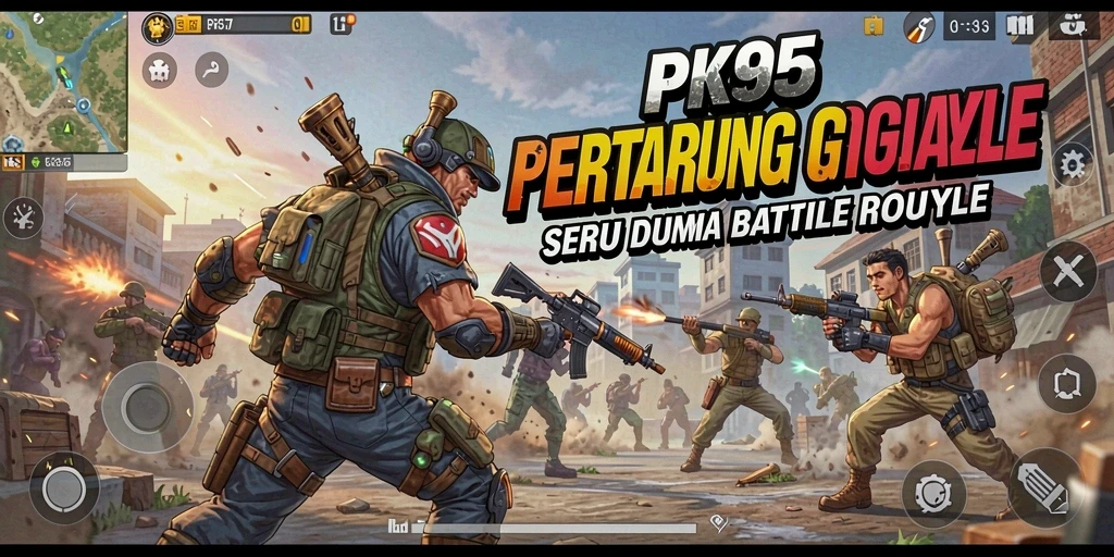 Screenshot PK95 menampilkan aksi intens di arena Battle Royale.