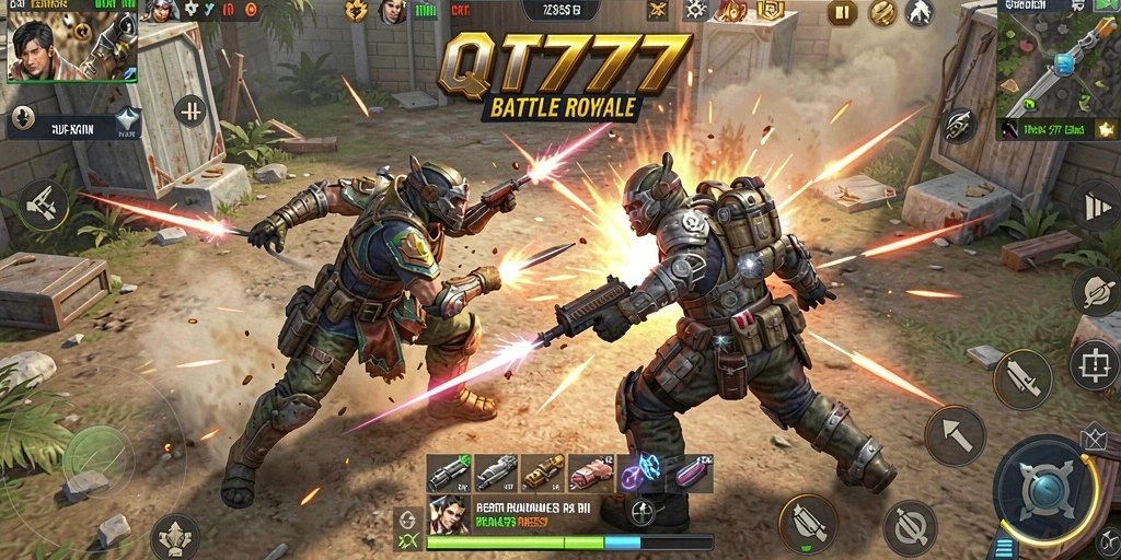 Tangkapan layar QT777 menampilkan aksi seru dalam pertarungan Battle Royale.