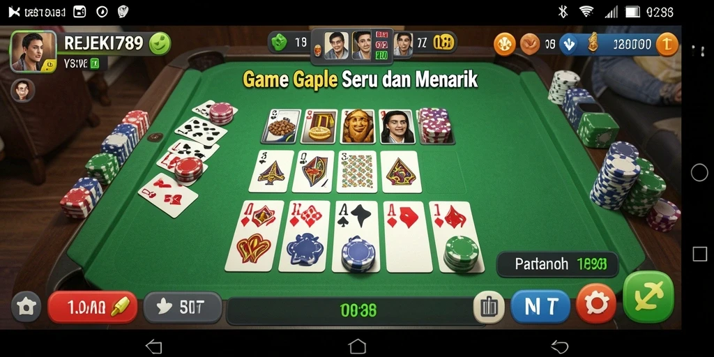 Tampilan gameplay seru dalam aplikasi REJEKI789 yang menampilkan permainan Gaple.