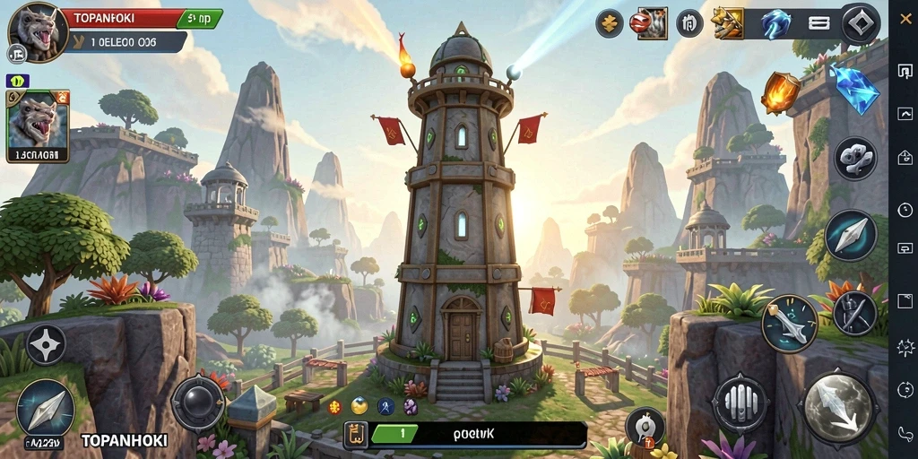 Screenshot gameplay TOPANHOKI dengan menara pertahanan beraksi.