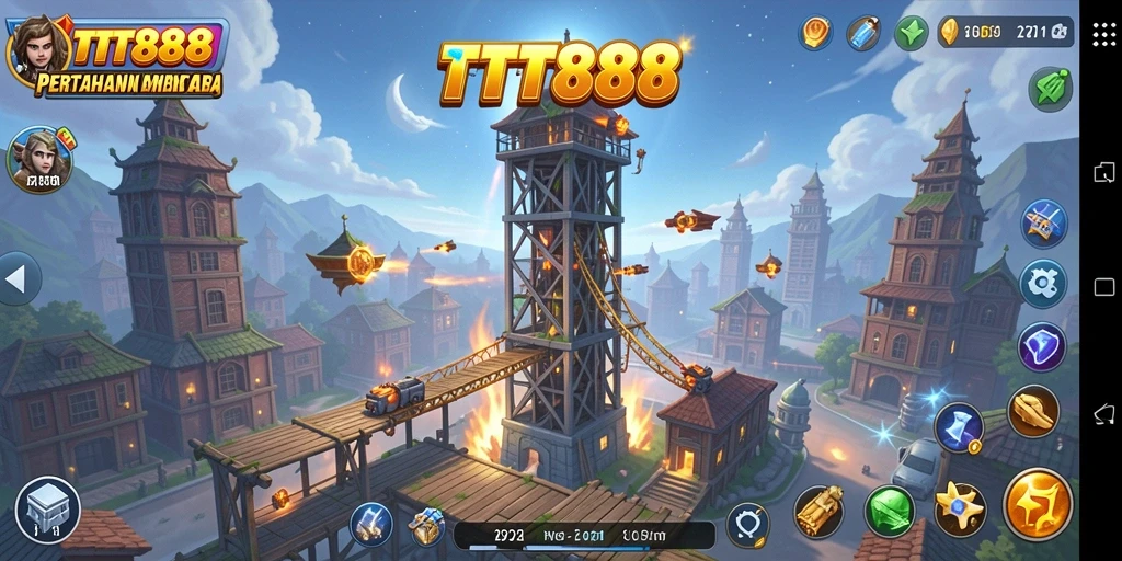 Tampilan gameplay TTT888 dengan pertahanan menara yang kuat melawan musuh.